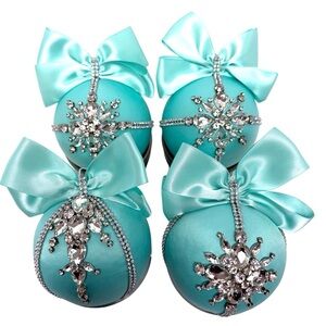 Handmade Elegant Turquoise Ornaments with Rhinestones Set of 4 EUC